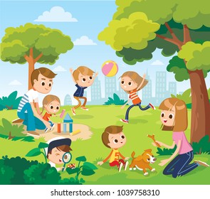 Vector portrait of happy family members relax rest play outdoors in the park doing summer activities.Parents with children spend weekend together, mother, father and children having fun on playground.