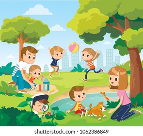 Vector portrait of happy family members relax rest play in the park doing summer activities. Parents with children spend weekend together, mother, father and children having fun on playground. 