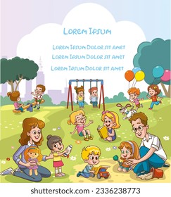 Vector portrait of happy family members relax rest play outdoors in the park doing summer activities.Parents with children spend weekend together, mother, father and children having fun on playground.