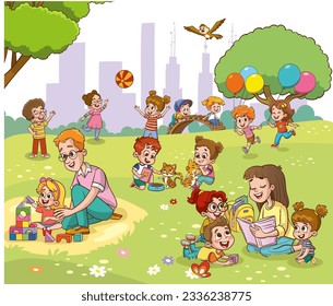 Vector portrait of happy family members relax rest play outdoors in the park doing summer activities.Parents with children spend weekend together, mother, father and children having fun on playground.