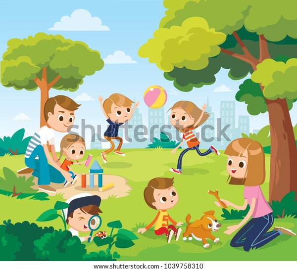 公園に子どもがいる親 夏の背景にベクターイラスト 外で遊ぶ のベクター画像素材 ロイヤリティフリー