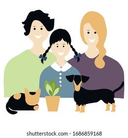 Vector, portrait of a happy family, mother, father and daughter, cat and dog. The concept of an ideal family 