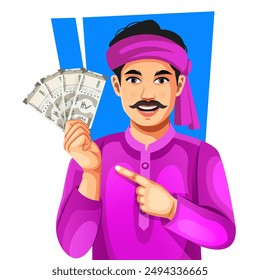 Vector Retrato de un agricultor feliz sosteniendo billetes de la rupia india en la mano - concepto de ganancia o ganancias, banca o financiera y agroindustria