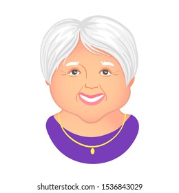 Vector portrait of a happy smiling old lady. Active cheerful grandmother, realistic cartoon character. Chubby caucasian senior woman with short gray hair in a violet pullover and golden necklace. 