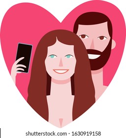 Vector portrait of happy young couple taking selfie placed in a valentine heart