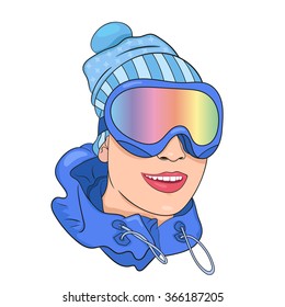 vector portrait of happy young skier glasses.