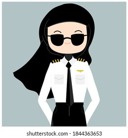 Vector Of Portrait Hijab Pilot Wearing Black Glasses , A Pilot Muslim Woman