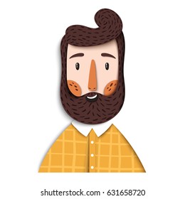 Vector portrait of hipster bearded man. Cool happy guy in the modern design of realistic graphic paper