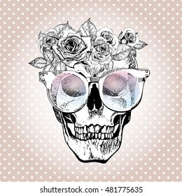 Vector portrait of human skull wearing the floral crown and sunglasses. Isolated on rose-gold background with white polka dots. Vintage engraved style color illustration. Print for tattoo. 