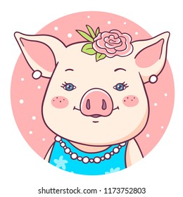 Vector portrait illustration of cute cartoon female pig in blue dress with pink cheeks, ears, beads, flower in round frame. Hand drawn line art style greeting card design of symbol of new year 2019