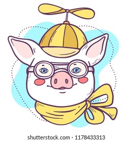 Vector portrait illustration of cute cartoon male pig in yellow hat with whirligig, neck handkerchief, pilot glasses. Hand drawn line art style design of symbol of the new year 2019 for web, card