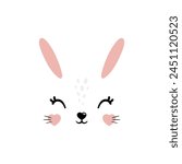 Vector portrait illustration of cute white bunny, little rabbit, hare. Cutie animal face portrait in pastel colors. Stickers, wall art, kids room decoration, easter decor, print, design. Card, poster 