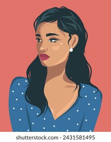 Vector portrait illustration hairstyle black hair brunette beautiful woman girl flat illustration. Avatar for social networks. Flat style flat illustration