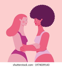 Vector portrait of the interracial couple formed by two women in bra embracing and looking into each other's eyes with love
