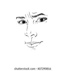 Vector portrait of irate woman, illustration of good-looking but angry female. Person emotional face expression, visage features.