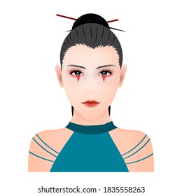 Vector portrait of a Japanese ninja girl in makeup on a white background