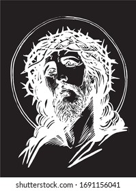 Vector portrait of Jesus Christ isolated on black, graphical sketchy illustration , religion