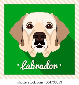 Vector portrait of a labrador dog. Symmetrical portraits of animals. Vector Illustration, greeting card, poster. Icon. Animal face. Font inscription. Image of a dog's face.