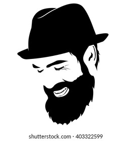 Vector portrait of laughing bearded man with hat with closed eyes 