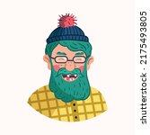 Vector portrait of a laughing old man with glasses, no teeth in a blue hat with. Illustration of an elderly man in glasses with green hair and a beard in a yellow shirt.