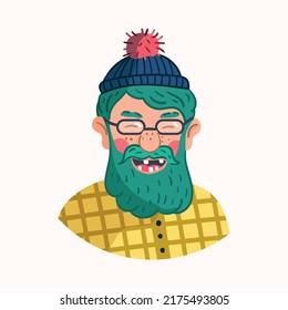 Vector portrait of a laughing old man with glasses, no teeth in a blue hat with. Illustration of an elderly man in glasses with green hair and a beard in a yellow shirt.