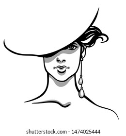 Vector portrait line drawing of young beautiful Caucasian girl. Wearing fashionable hat and pearl earring. Sexy and attractive. Simple line drawing on white background, isolated. Fashion illustration.