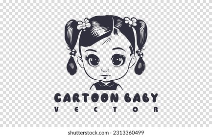 Vector portrait of little beautiful cute cartoon kawaii anime girl child with big eyes and pigtails. Isolated background.