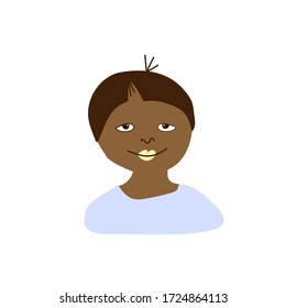 Retrato vectorial de un niño pequeño de estilo plano. Ilustración de un niño de raza africana por doodle.Para el día de la protección infantil.Diseño para colorear, empaquetar, web, juegos infantiles, tarjetas, imprimir.