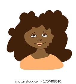Vector portrait of a little girl in flat style. Illustration of a child of African race appearance by doodle.For child protection day.Design for coloring,packaging,web,children's games,cards,print.