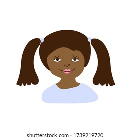 Vector portrait of a little girl in flat style. Illustration of a child of African race appearance by doodle.For child protection day.Design for coloring,packaging,web,children's games,cards,print.