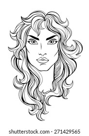 Vector portrait of  long haired girl isolated on white.