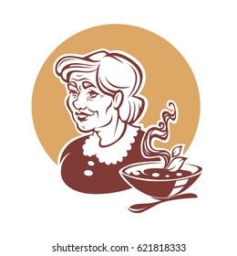 vector portrait of lovely grandmother and home made soup 