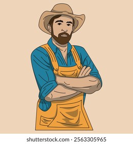 vector portrait of a male farmer with a beard who looks cool