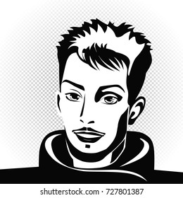 Vector portrait of a man. Flat illustration of male face in black and white simple style.