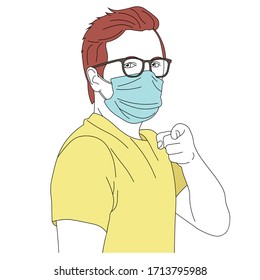 Vector portrait of man in medical mask pointing at you with finger