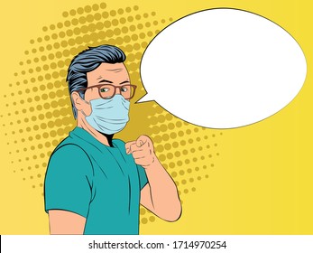 Vector portrait of man in medical mask pointing at you with finger. Pop art illustration