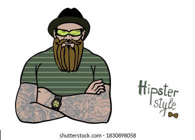 Vector portrait of a man with tatto and  beard in a hipster style