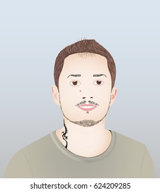 Vector portrait of a man with tattoo on his neck, smiling beautifully