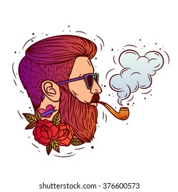 Vector Portrait of a Man. Young modern man smoking a pipe. Hipster logo.