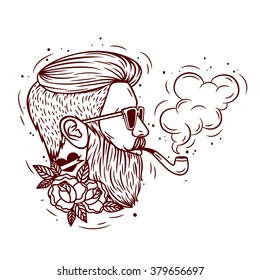 Vector portrait of a man. Young modern man smoking a pipe. Hipster logo