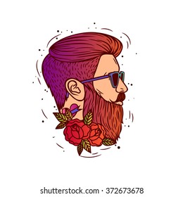 Vector portrait of a man. Young stylish man with a beard and mustache.
Sticker in hipster style.