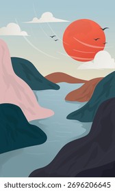 Vector portrait Minimalist background of sunset over colorful mountains and river in flat design style.