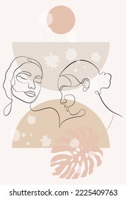 Vector portrait in minimalist style. Geometric shapes, leaves, female portrait. Hand-drawn abstract female print. Used for social media stories, beauty logos, poster illustrations.