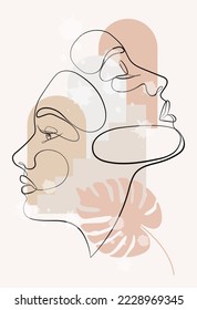 Vector portrait in minimalist style. Geometric shapes, leaves, female portrait. Hand-drawn abstract female print. Used for social media stories, beauty logos, poster illustrations.