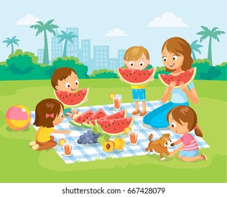 Vector Portrait Mother And 4 Four Kids Children Eating Large Red Watermelon And Fruits On Picnic At The Park On Blanket.Summer Picnic.Son Daughter Mom Spending Time On Weekend Having Meal Food.