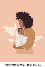 Vector portrait of mother with a cute newborn baby illustration poster. Printable family wall art with pastel isolated background.