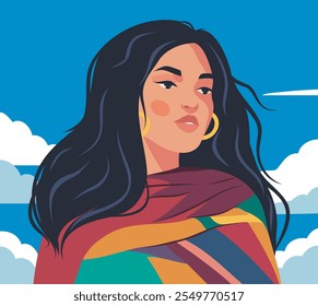 Vector portrait of a Native American woman. Beautiful American woman against the sky. Freedom, strength, beauty, equality. Feminism. Movements for gender equality and women's empowerment.