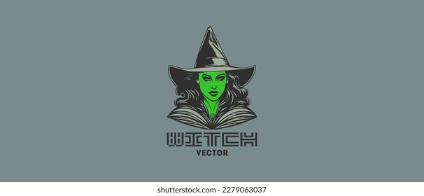 Vector portrait of a nice beautiful young witch girl in a big hat with curly hair and a green face. Halloween logo, sticker or icon.