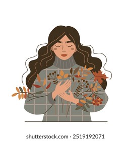 Vector portrait of nice young woman with a long hair holding autumn leaves in hands. Cute stylish girl in a sweater isolated on a white.