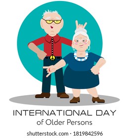 Vector portrait of an older man and woman showing the sign of the horns. Elderly married couple. International Day of Older Persons.